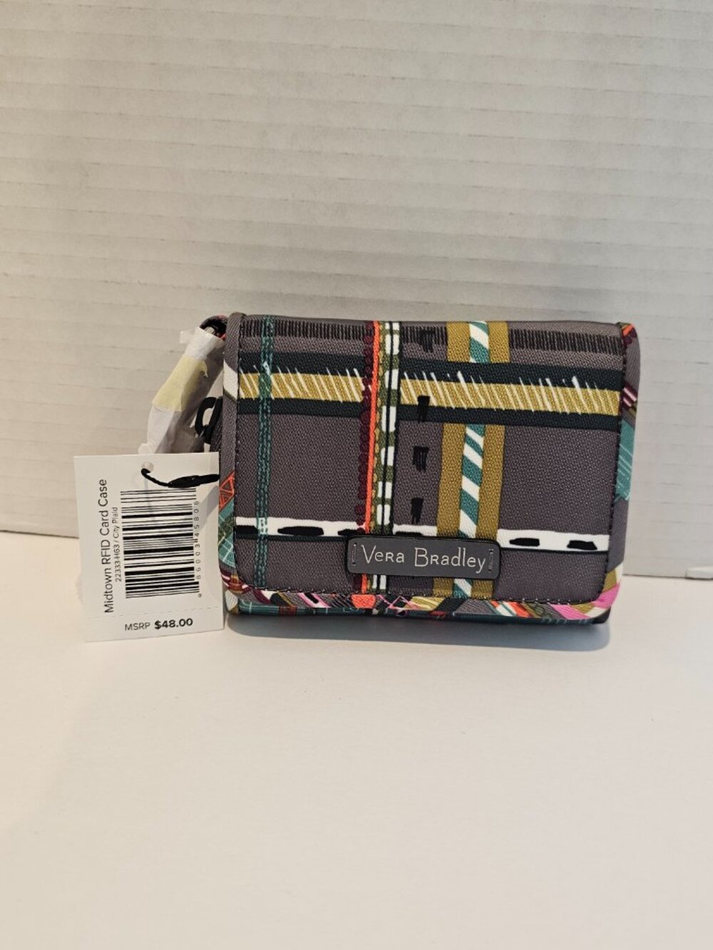 NWT Vera Bradley Midtown RFID Card Case City Plaid Wallet Key Chain Grey Pink - Picture 6 of 8